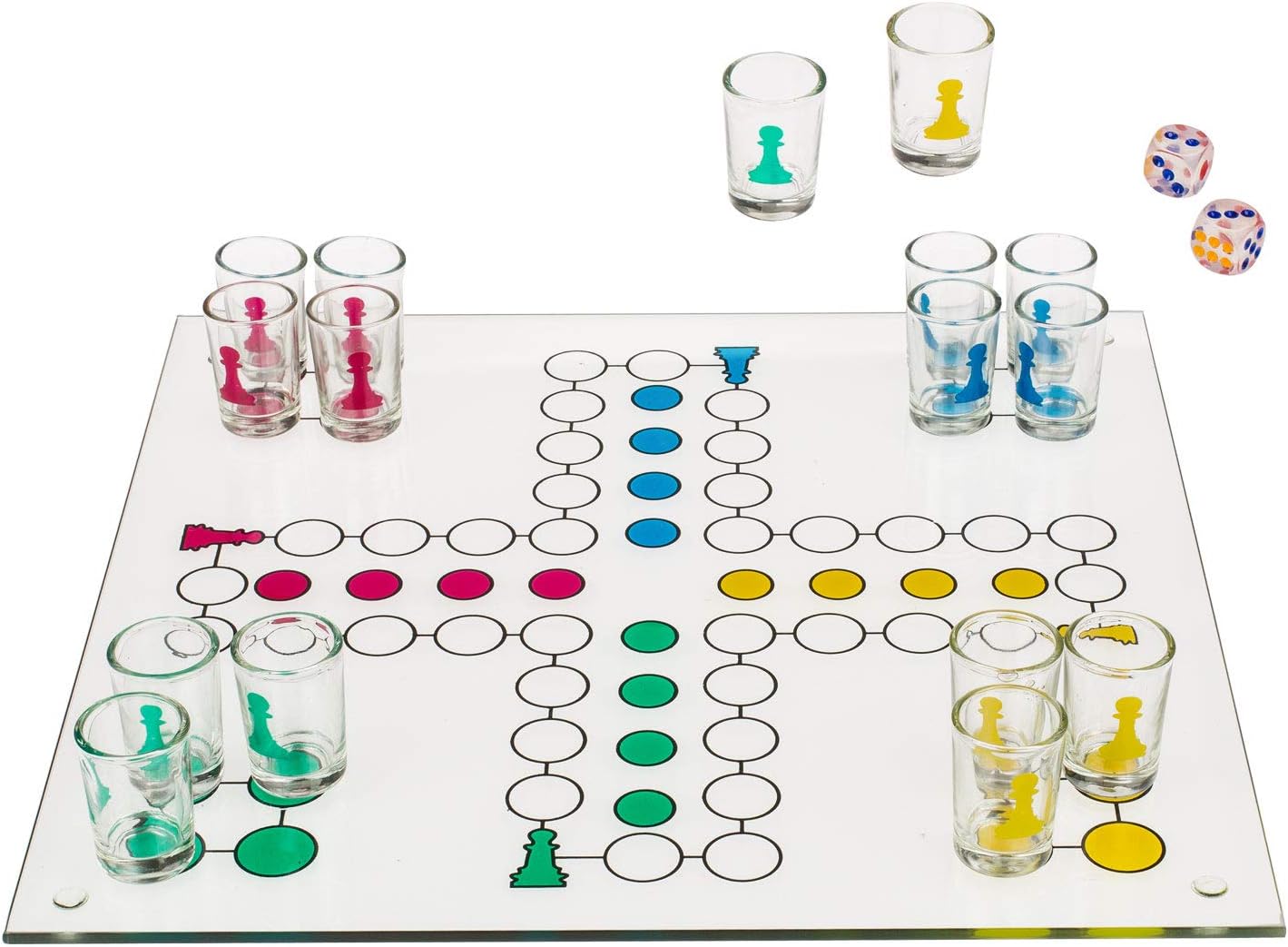 Ludo Drinking Game (Parcheesi) with 16 Shot Glasses, 2 Dice & Glass Game Board - Small