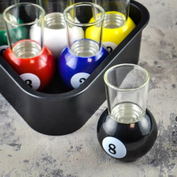 6 Pool Ball Shot Glasses with Triangle Rack Serving Tray