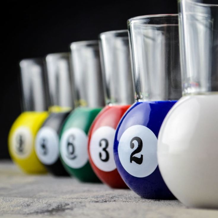 6 Pool Ball Shot Glasses with Triangle Rack Serving Tray