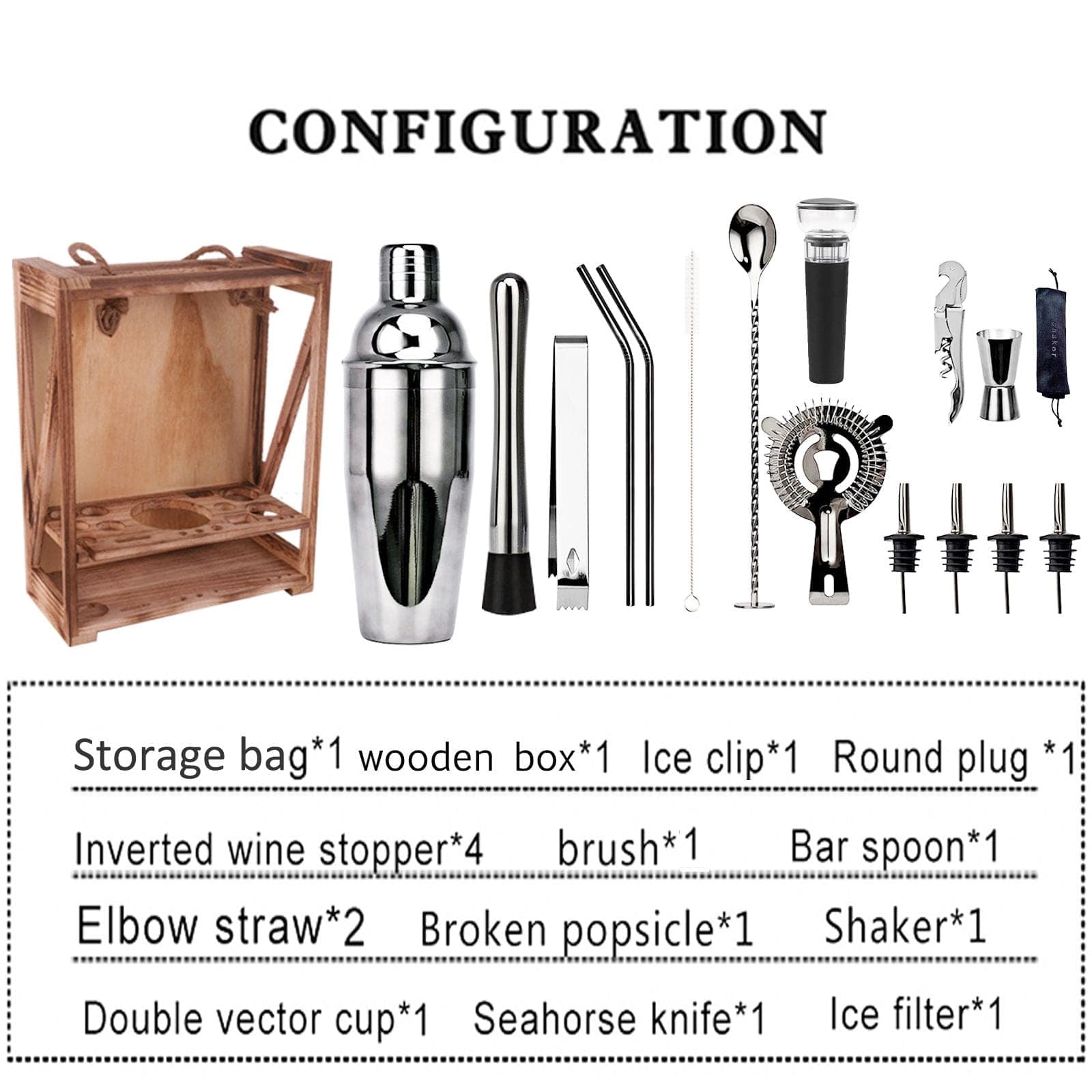 16 Piece Cocktail Shaker Set, Wood Stand Bartender Kit & Mini Bar