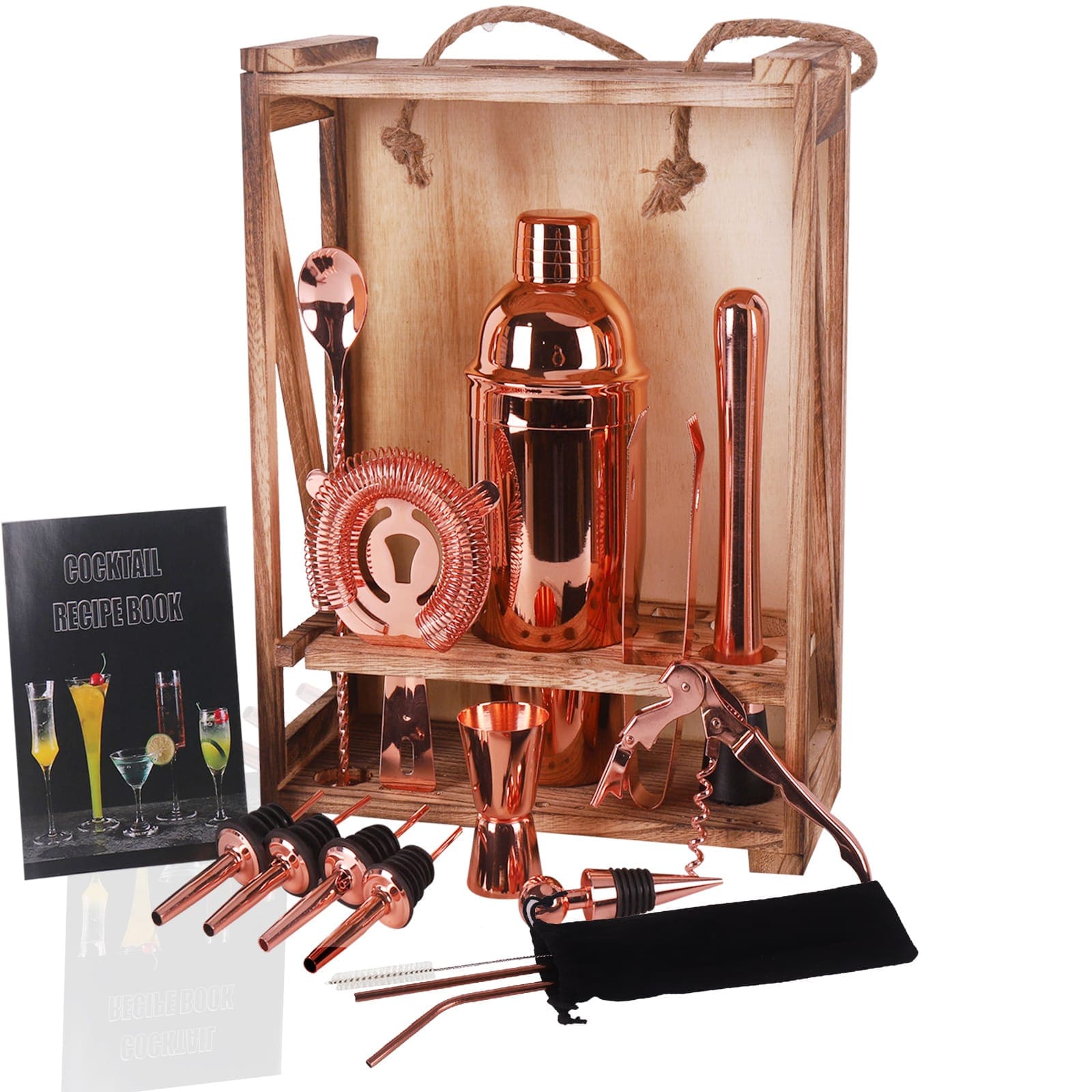 Copper 16 Piece Cocktail Shaker Set, Wood Stand Bartender Kit & Mini Bar