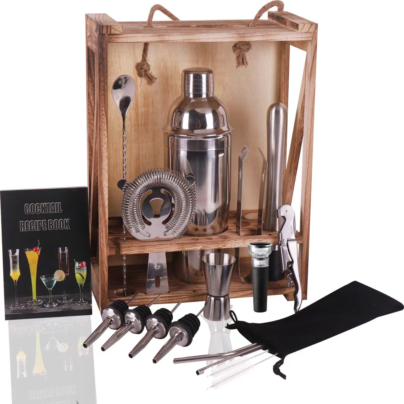 Silver 16 Piece Cocktail Shaker Set, Wood Stand Bartender Kit & Mini Bar