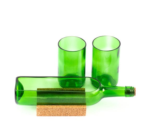 Upcycled Wine Bottle Platter with Glasses Green