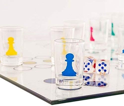 Ludo Drinking Game (Parcheesi) with 16 Shot Glasses, 2 Dice & Glass Game Board - Small
