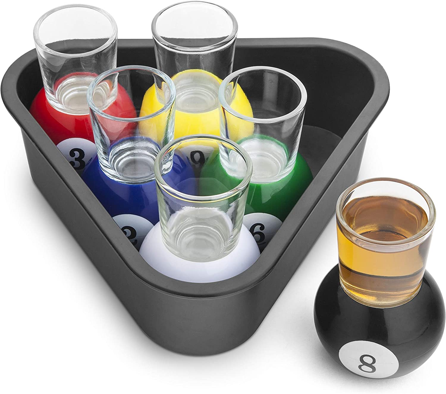 6 Pool Ball Shot Glasses with Triangle Rack Serving Tray