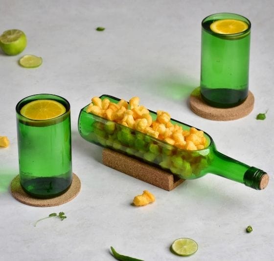 Upcycled Wine Bottle Platter with Glasses Green